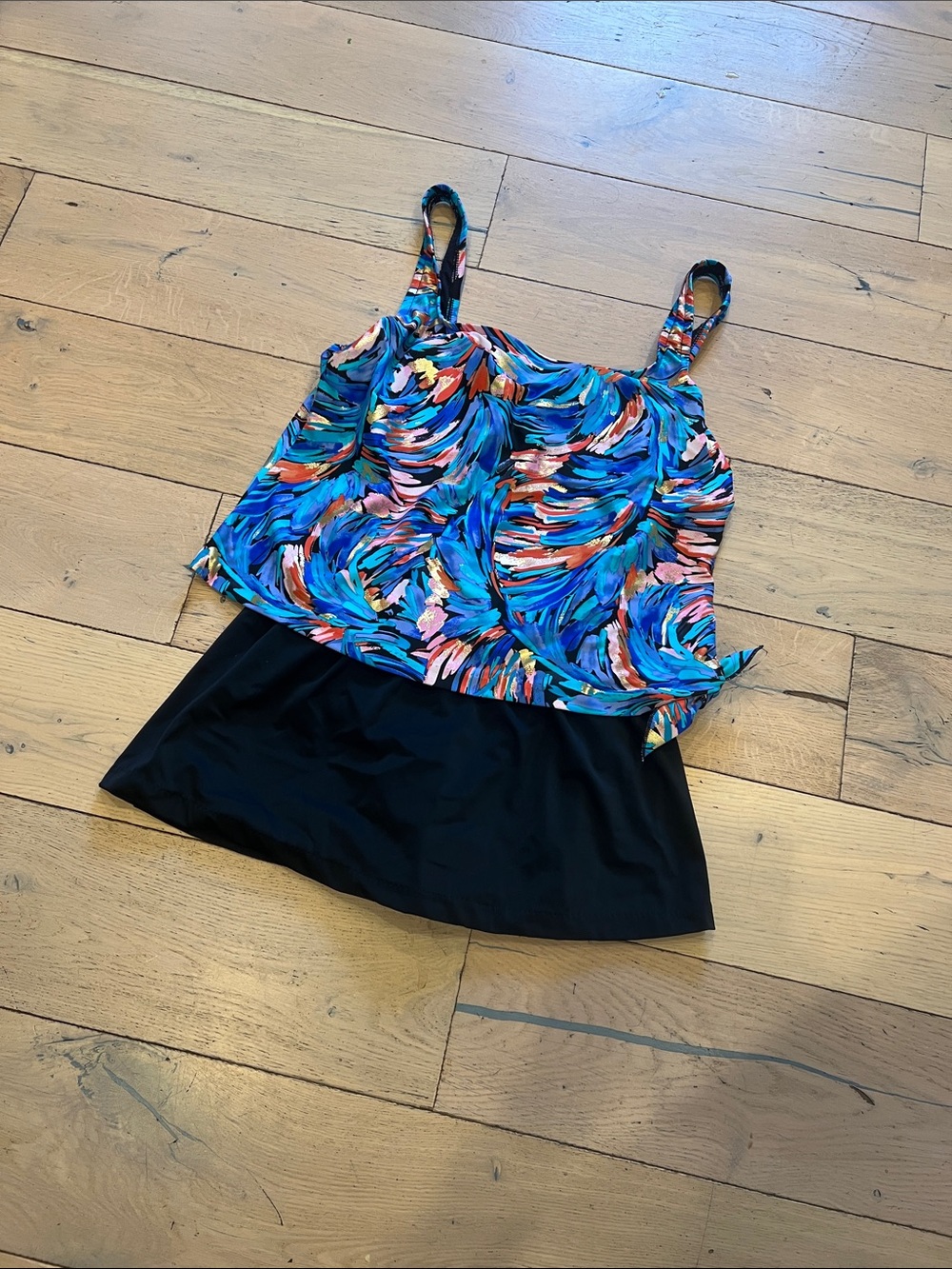 Maxine of Hollywood Blue Multi-Color Tankini with Black Skirted Bottom